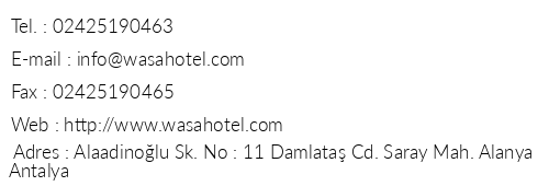 Wasa City Hotel telefon numaralar, faks, e-mail, posta adresi ve iletiim bilgileri